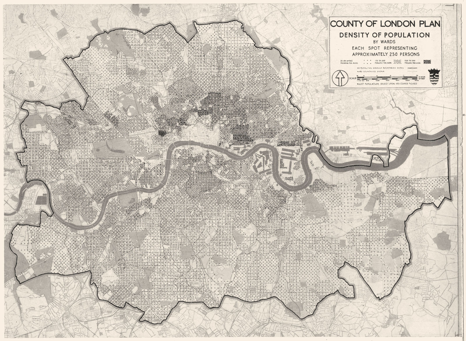 LONDON. Survey of pre- war population densities 1943 old vintage map chart