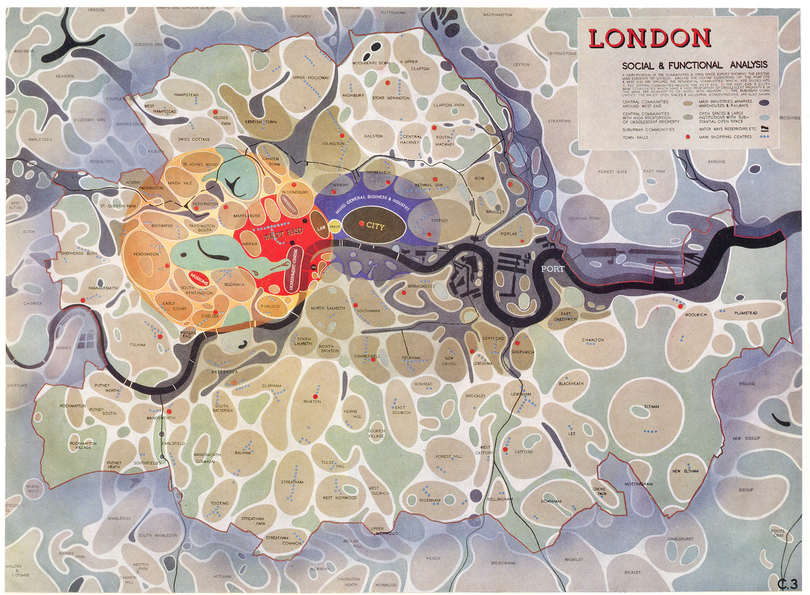 London Social & Functional Analysis 'Potato map' by Patrick Abercrombie 1943