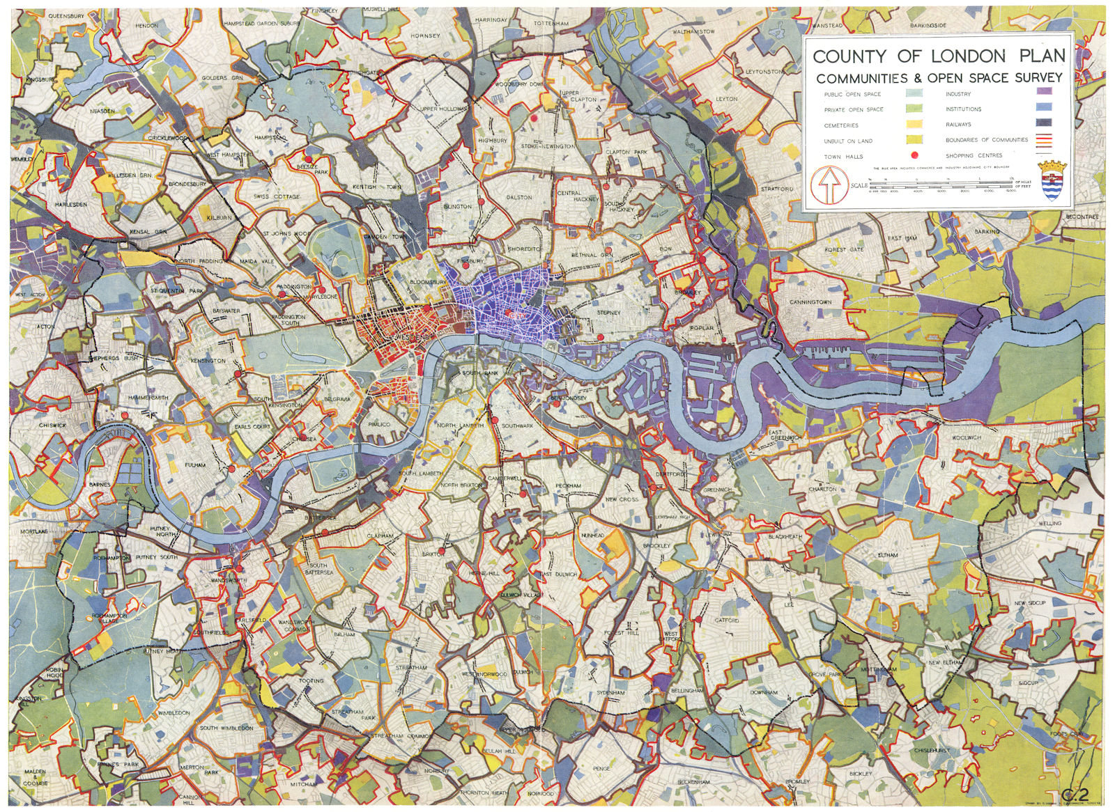 LONDON. County of London plan communities & open space survey 1943 old map