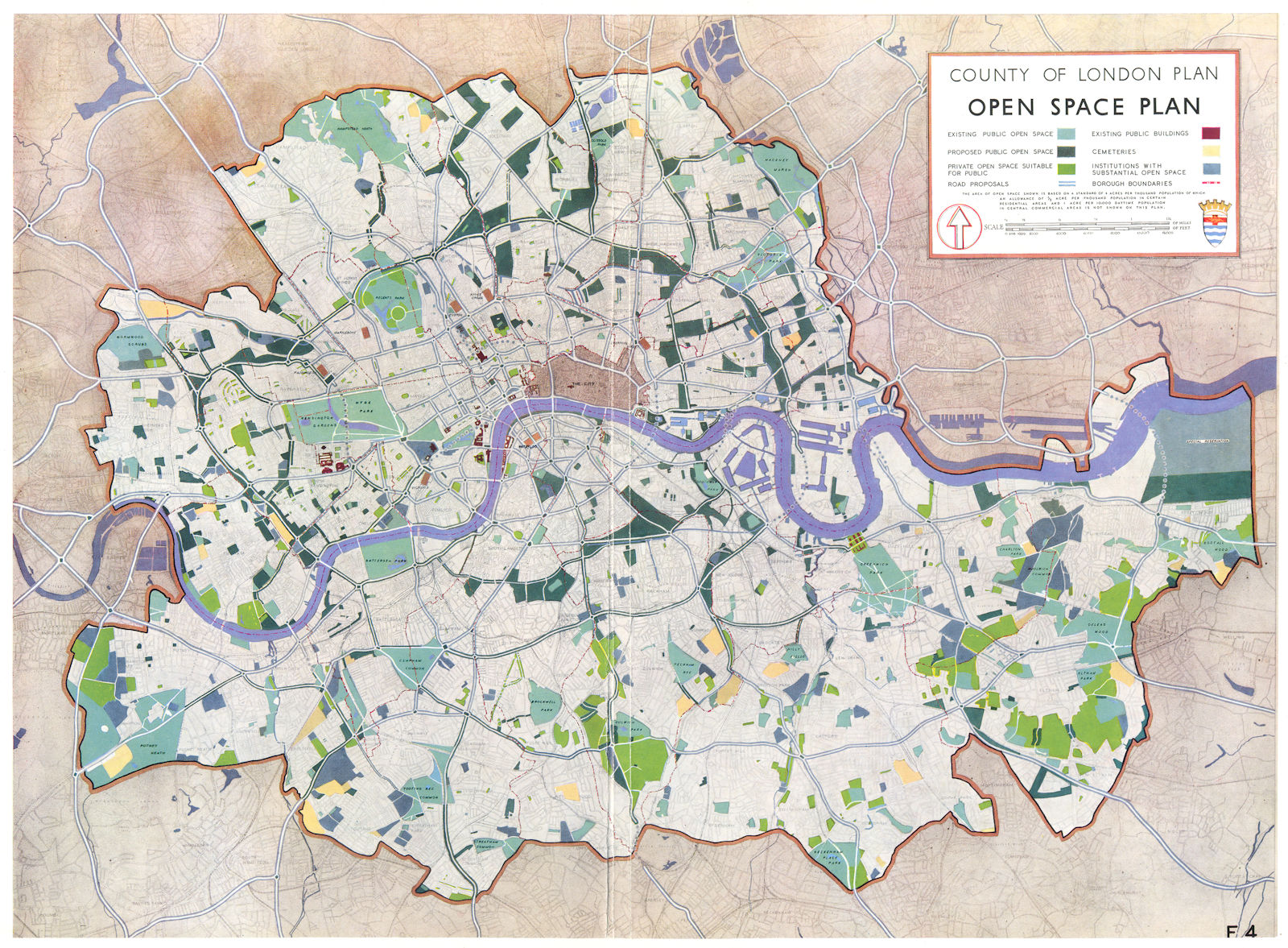 LONDON. Open spaces & Park system. Existing & planned parks & roads 1943 map