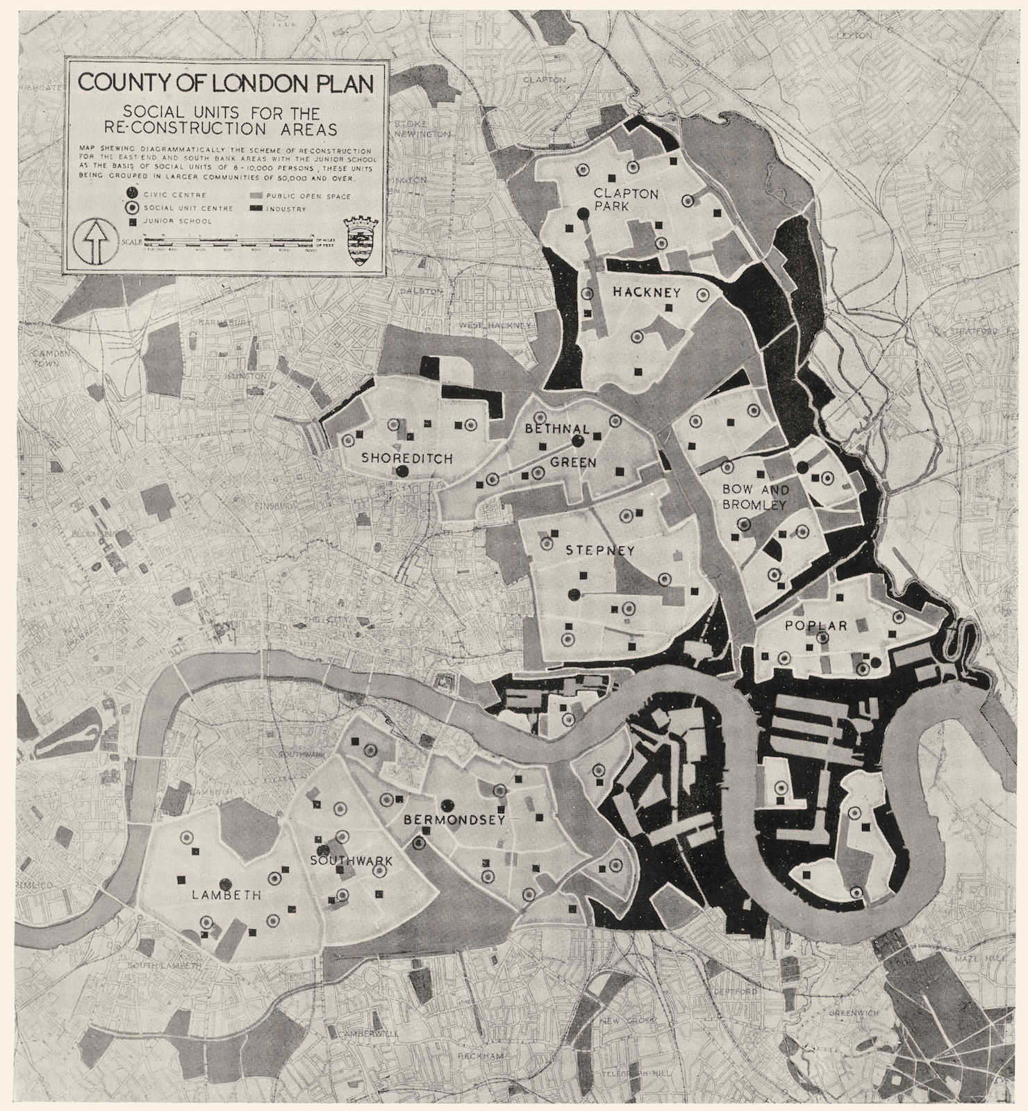 Associate Product LONDON. East End  Post War Reconstruction Areas. A Social Framework  1943 map