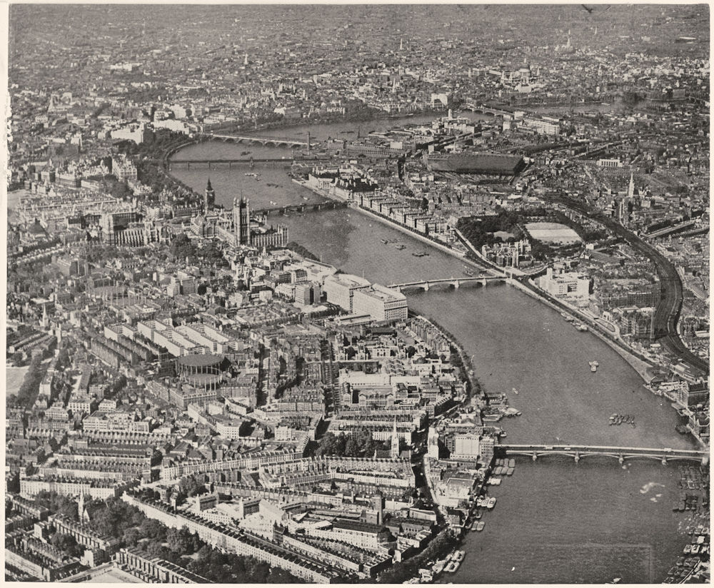 LONDON. River front & south bank area. Air Thames- side Central 1943 old print