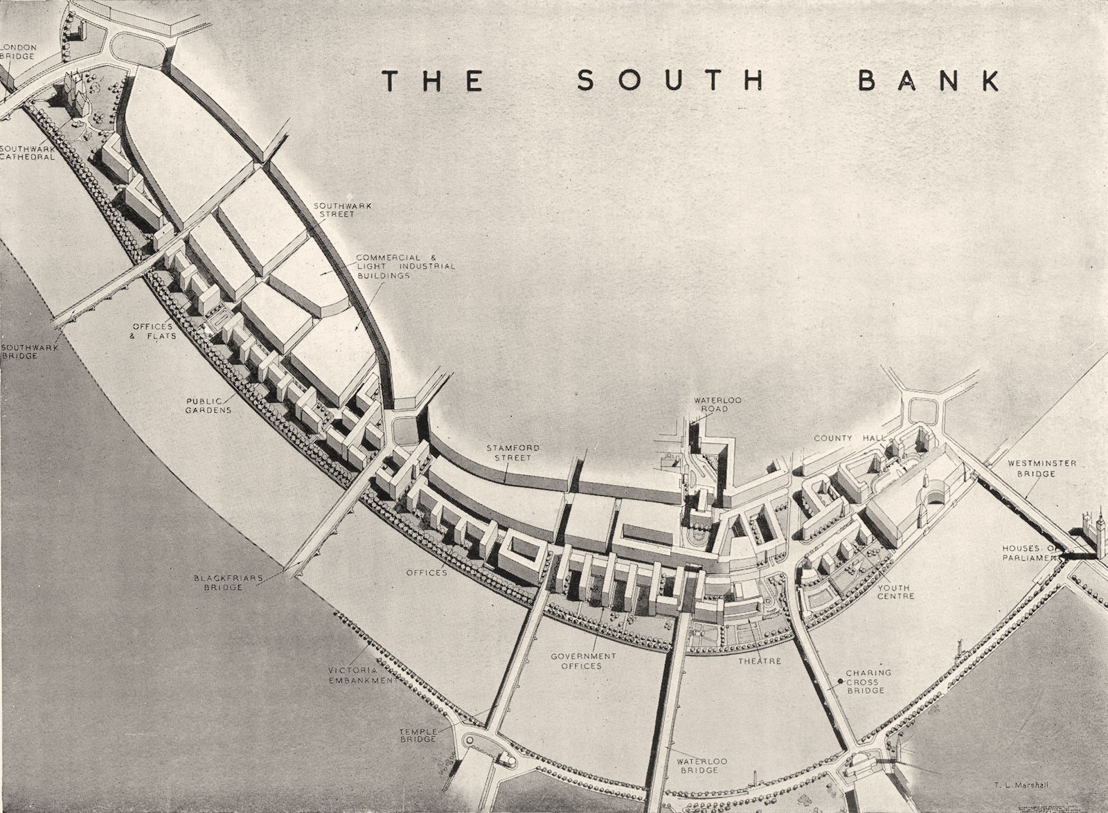 LONDON. South bank. Suggested plan from Co Hall to Southwark cathedral 1943