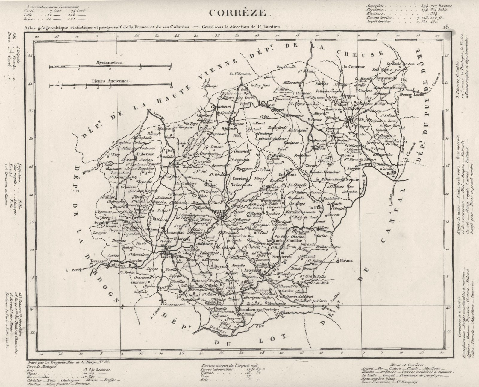 CORRÈZE. Corrèze département. Tardieu 1830 old antique vintage map plan chart