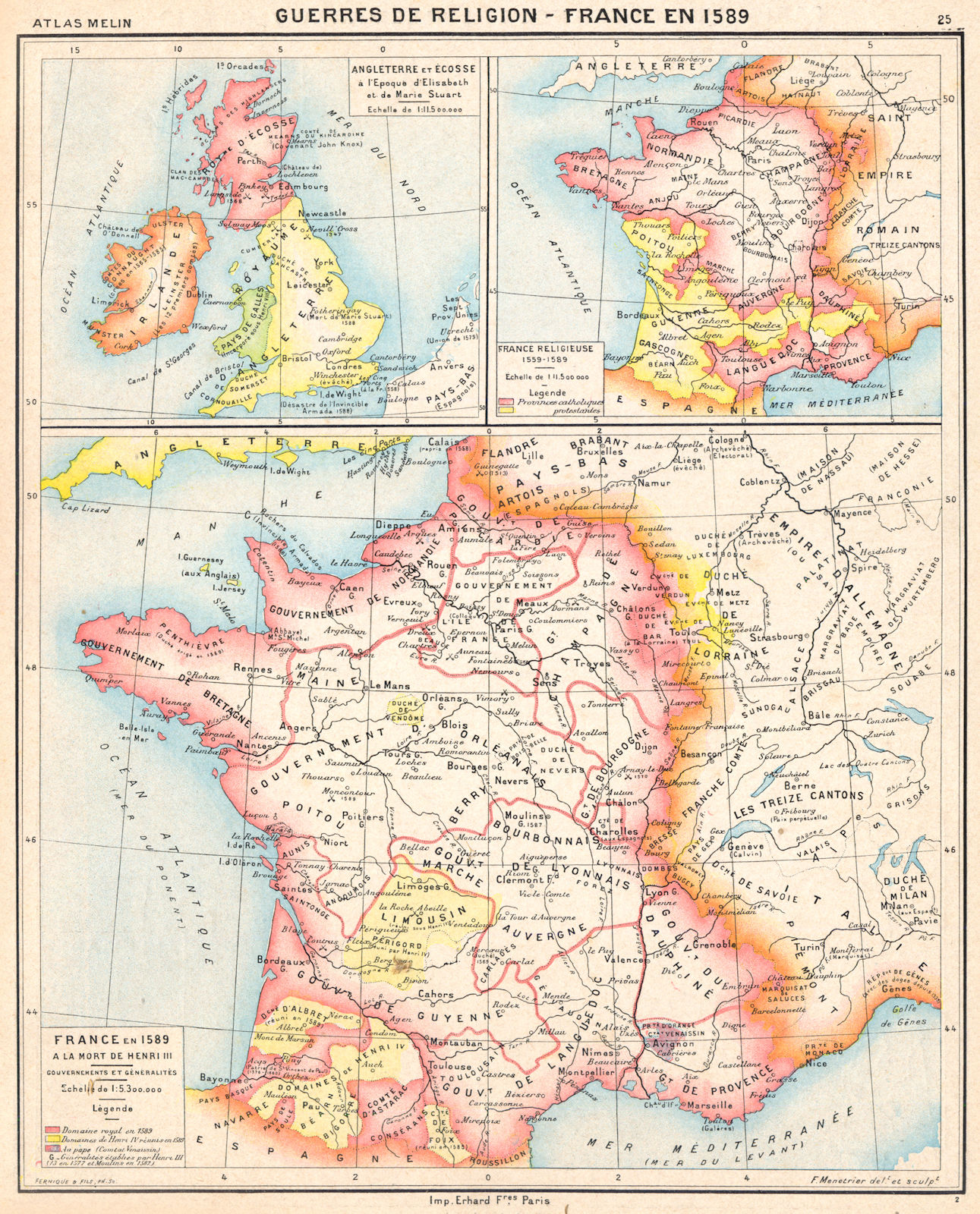 FRANCE. Guerres de religion- en 1589; Angleterre Ecosse; Religieuse 1900 map