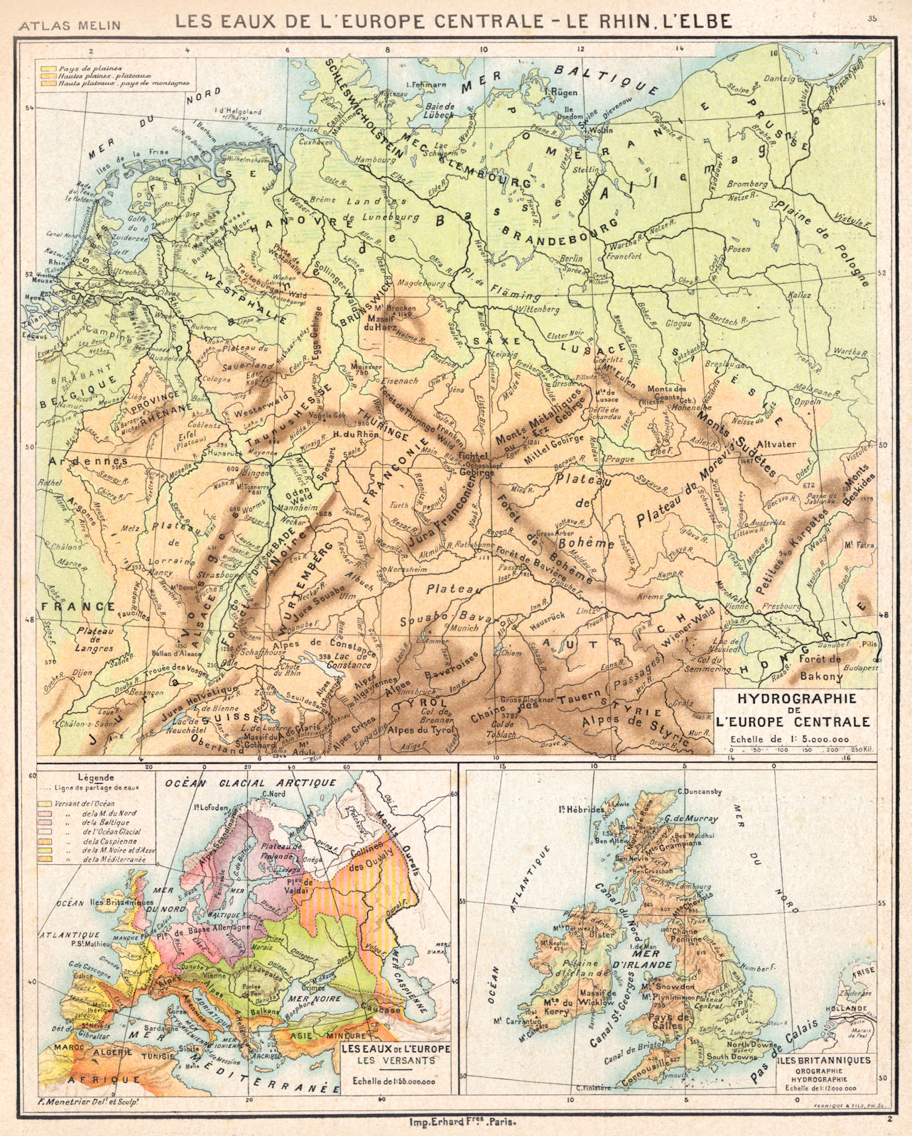 EUROPE CENTRALE.Eaux.Rhin,Elbe;Hydrographie;Versants;Britanniques 1900 old map