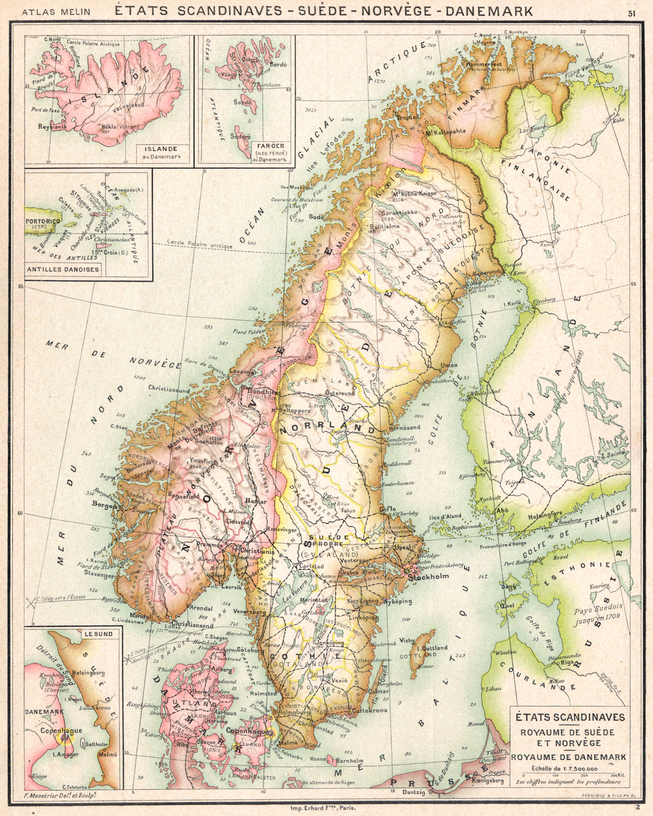 ÉTATS SCANDINAVES.Suéde Norvége Denmark;Islande;Faröer;Antilles 1900 old map