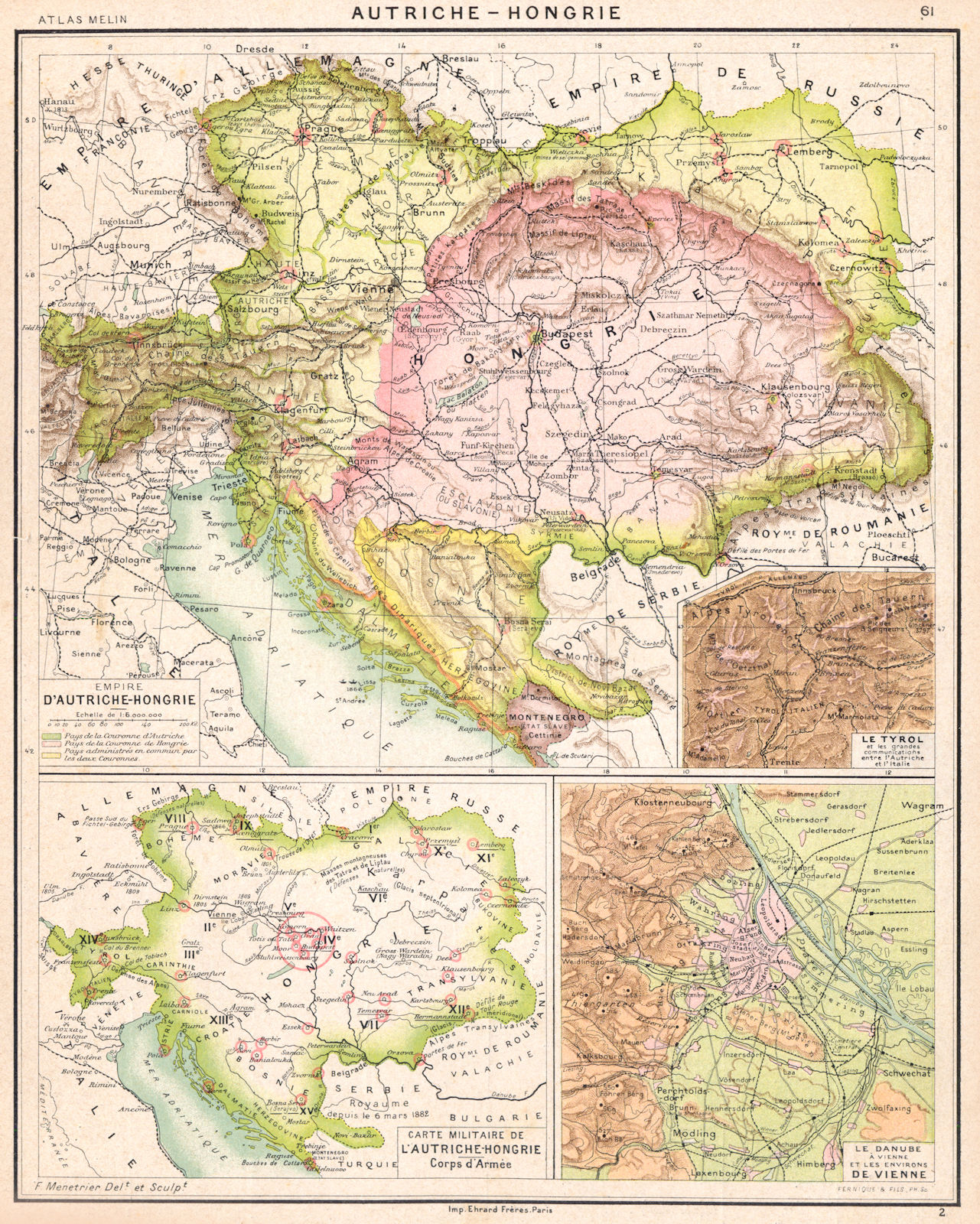 AUSTRIA-HUNGARY.Autriche-Hongrie;Tyrol;Militaire;Danube Vienne Vienna 1900 map