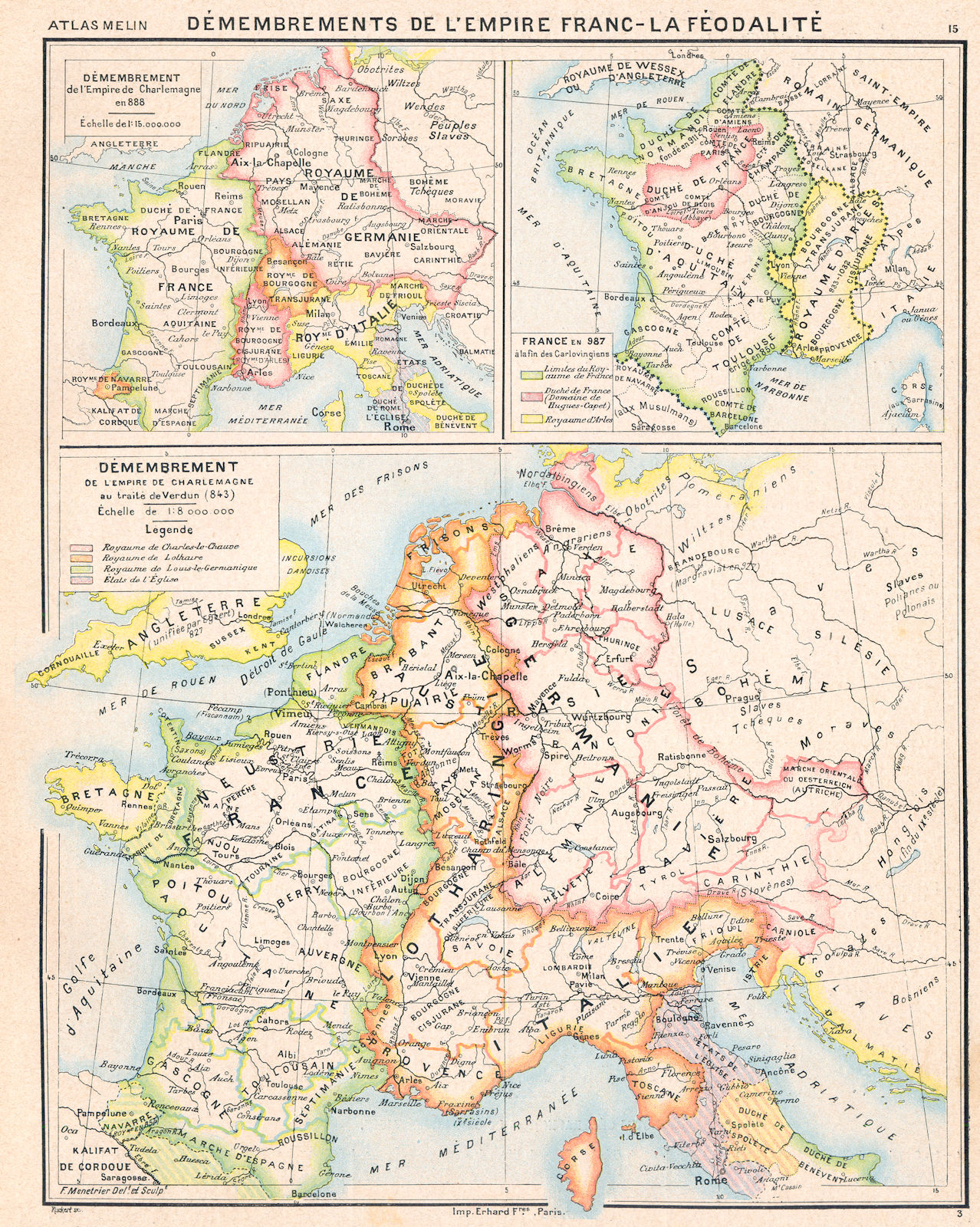 EUROPE. Démembrement de l'empire Charlemagne;Inset France en 888, 987 1900 map