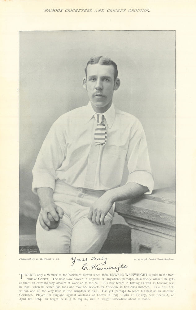 Edward "Ted" Wainwright. All-rounder. Yorkshire cricketer 1895 old print