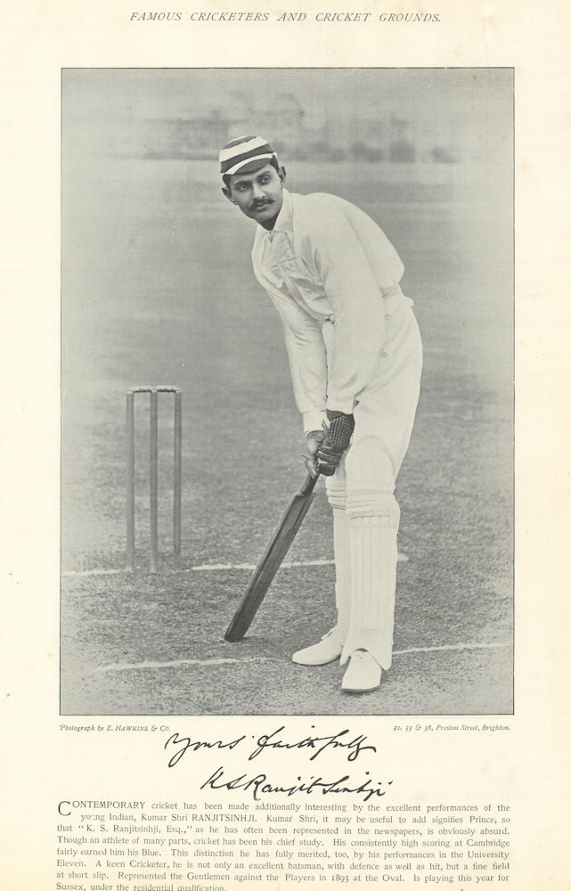 Kumar Shri "K. S." Ranjitsinhji. Batsman. Sussex cricketer 1895 old print