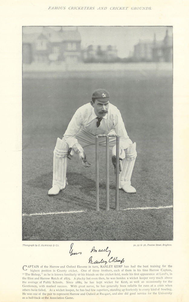 Associate Product Manley Colchester Kemp. Wicket-keeper. Kent cricketer 1895 old antique print