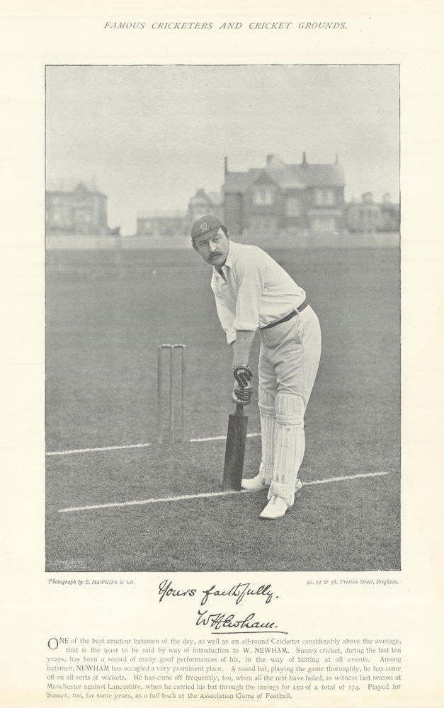 William "Billy" Newham. Batsman. Sussex cricketer 1895 old antique print