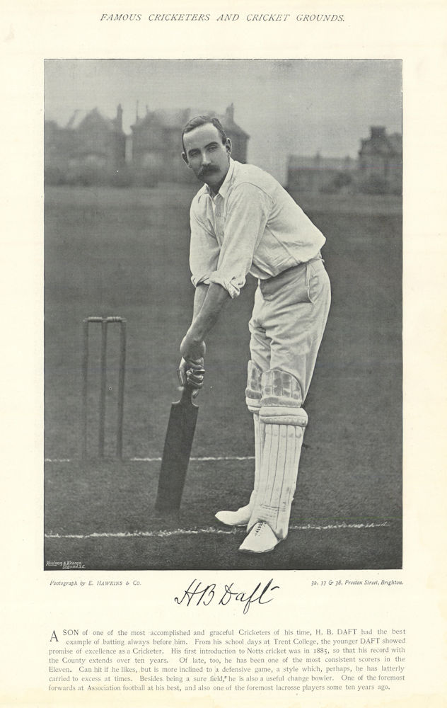 Harry Daft. Batsman. England footballer. Nottinghamshire cricketer 1895 print