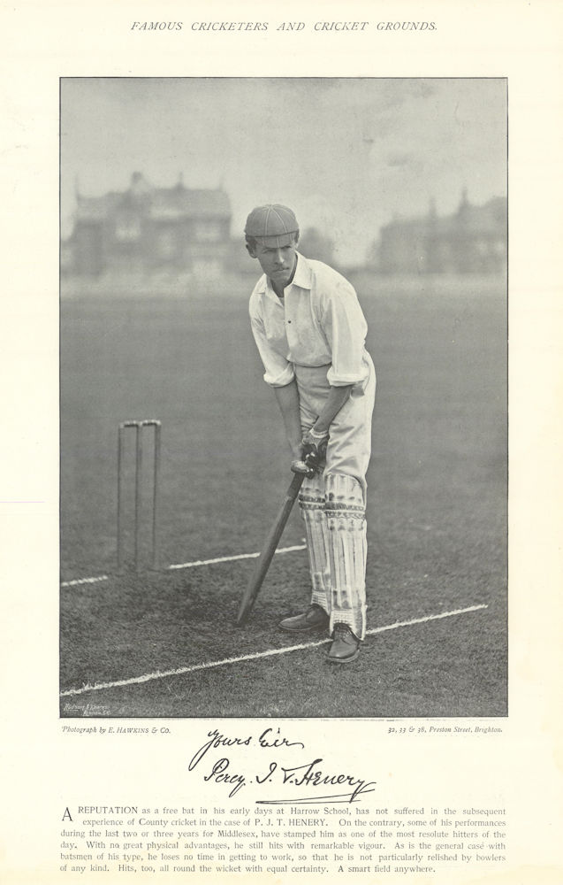 Perceval Jeffery Thornton Henery. Batsman. Middlesex cricketer 1895 old print