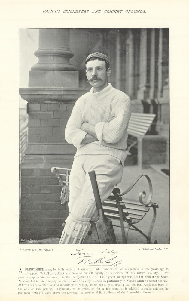Walter Sugg. Batsman. 64 cover point catches. Derbyshire cricketer 1895 print