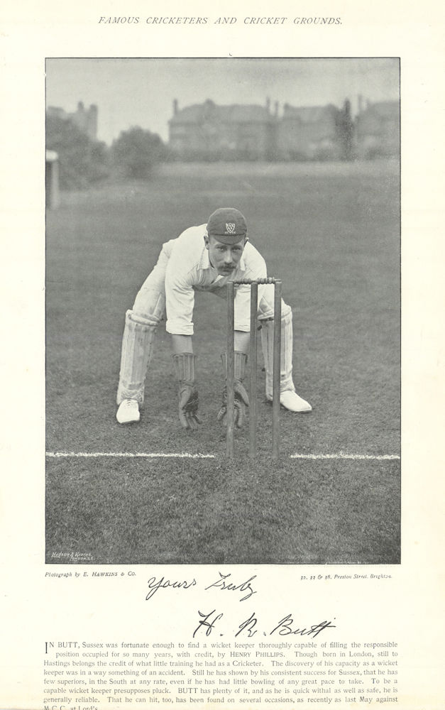 Harry Rigden Butt. Wicket-keeper. Umpire. Sussex cricketer 1895 old print
