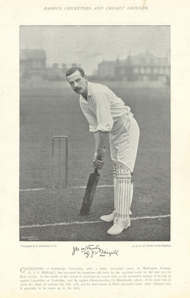 Gerald John Villiers Weigall. Defensive batsman. Kent cricketer 1895 old print