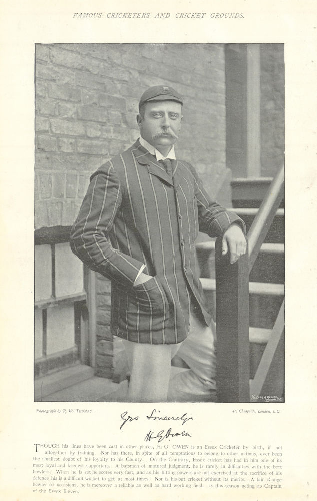 Hugh Glendwr Palmer Owen. Batsman. Essex cricketer 1895 old antique print