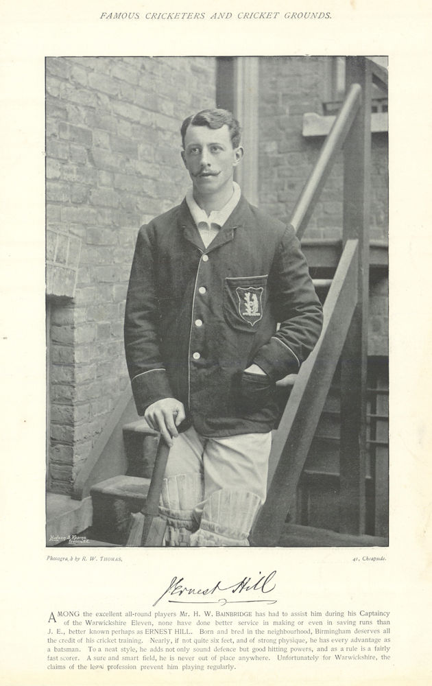 John Ernest Hill. Batsman. Warwickshire cricketer 1895 old antique print