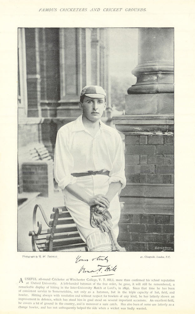 Vernon Tickell Hill. Batsman. Somersetshire cricketer 1895 old antique print