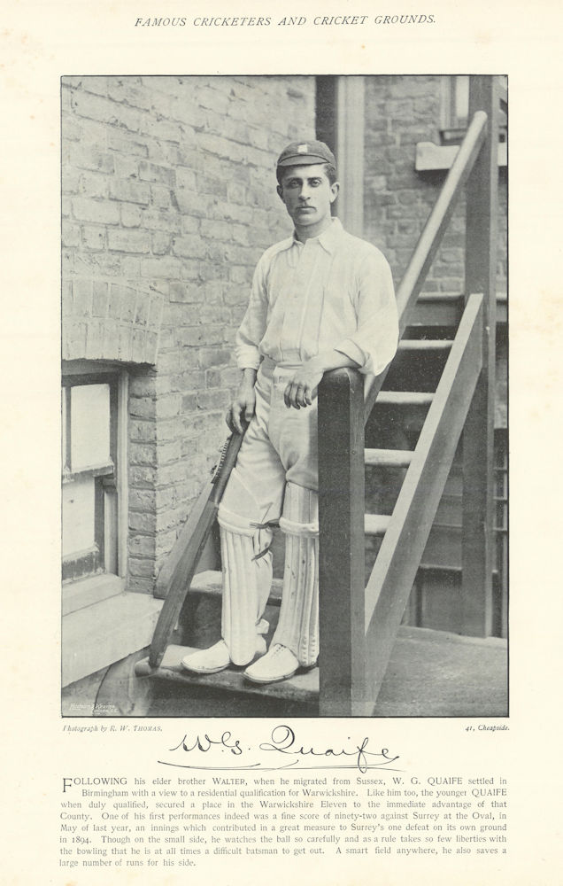 Associate Product William "Willie" Quaife. Batsman. Oldest centurion. Warwickshire cricketer 1895
