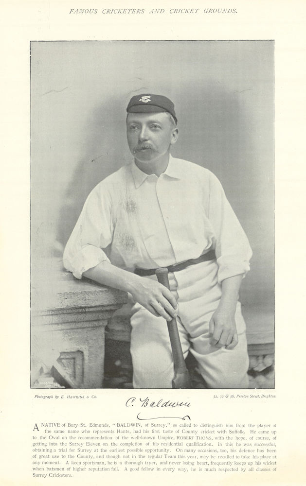 Charles Baldwin. Batsman. Surrey cricketer 1895 old antique print picture