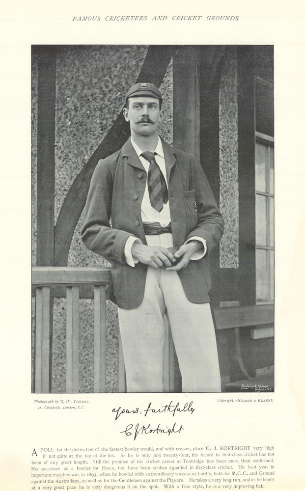 Associate Product Charles Jesse Kortright. Fastest ever bowler. Essex cricketer 1895 old print