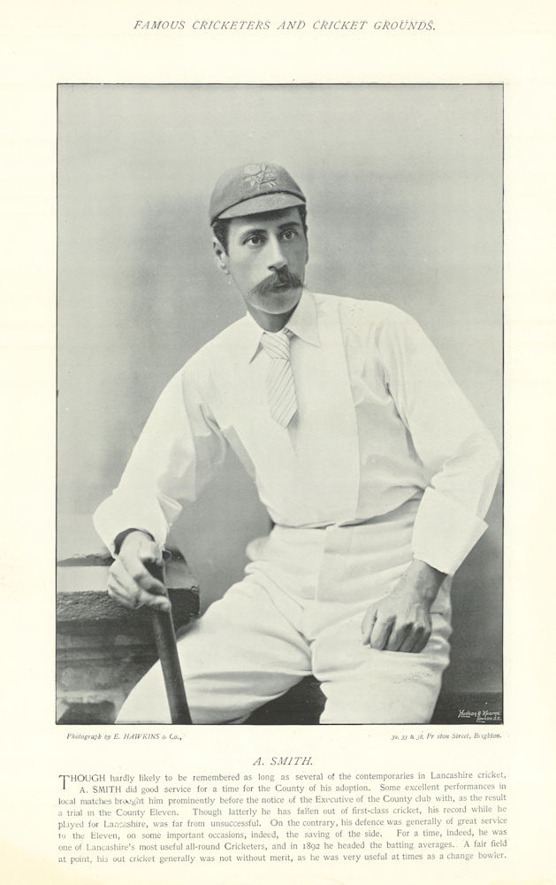 Arthur Smith. Batsman. Nottinghamshire. Lancashire cricketer 1895 old print