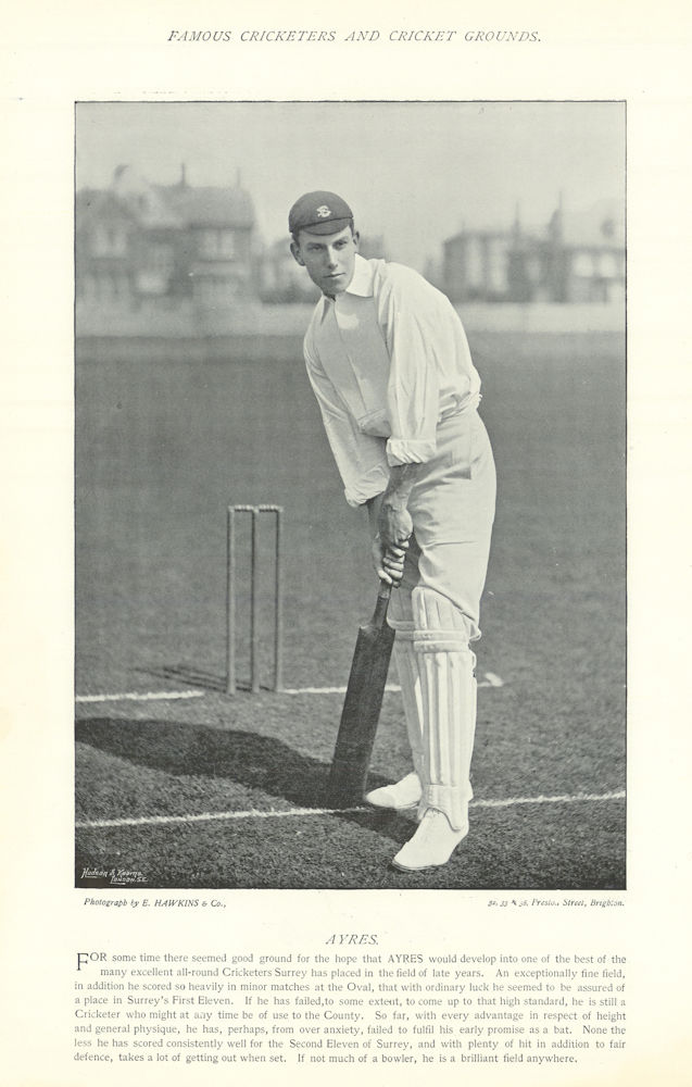 George White Ayres. Batsman. Surrey cricketer 1895 old antique print picture
