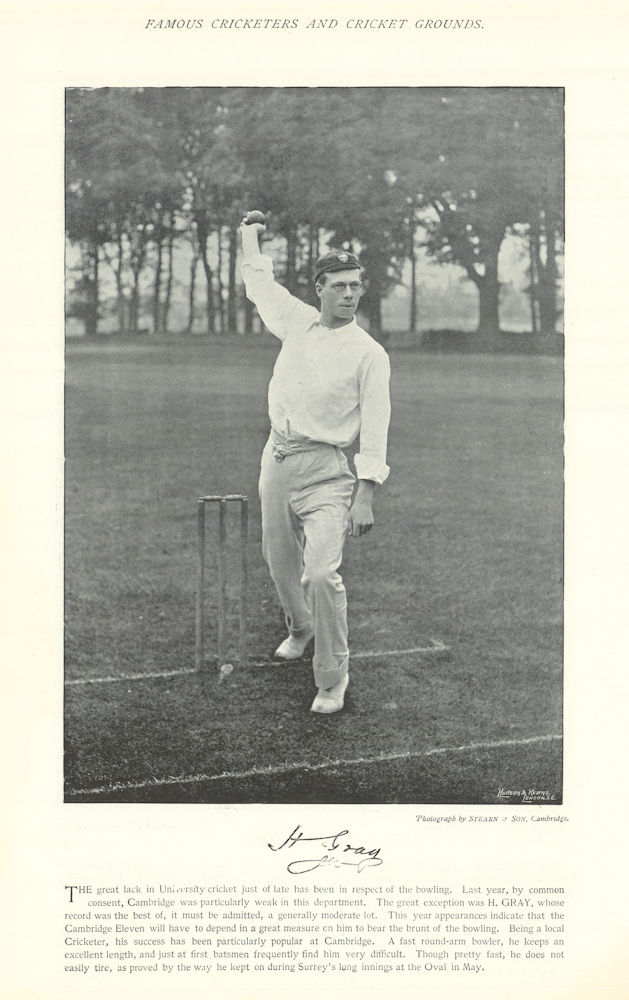 Horace Gray. Right-arm fast bowler. Cambridge cricketer 1895 old antique print