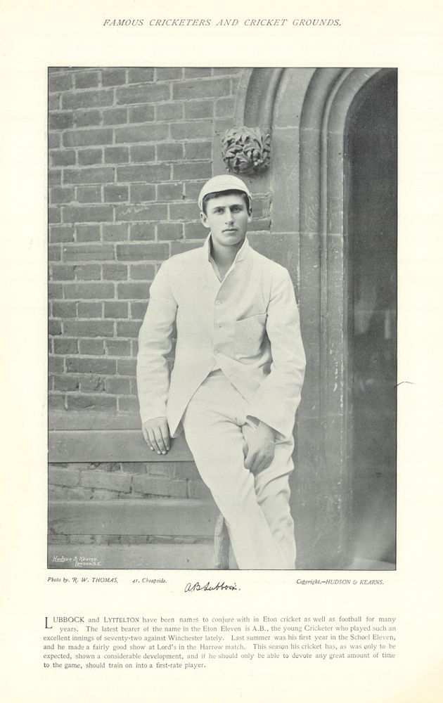 Alfred B. Lubbock. Batsman. Eton cricketer 1895 old antique print picture