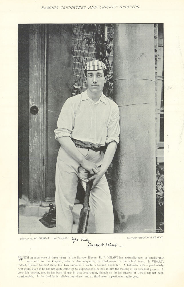 Ronald Francis Vibart. Disgraced. Harrow cricketer 1895 old antique print
