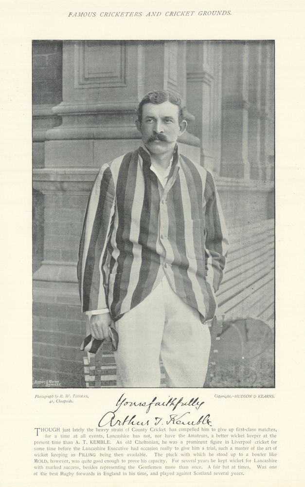Arthur Twiss Kemble. Wicket-keeper. England Rugby. Lancashire cricketer 1895