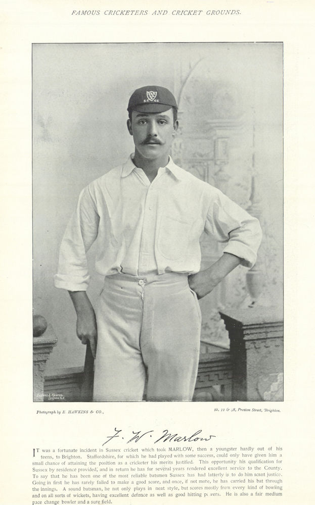 Associate Product Francis Marlow. Batsman. Sussex cricketer 1895 old antique print picture