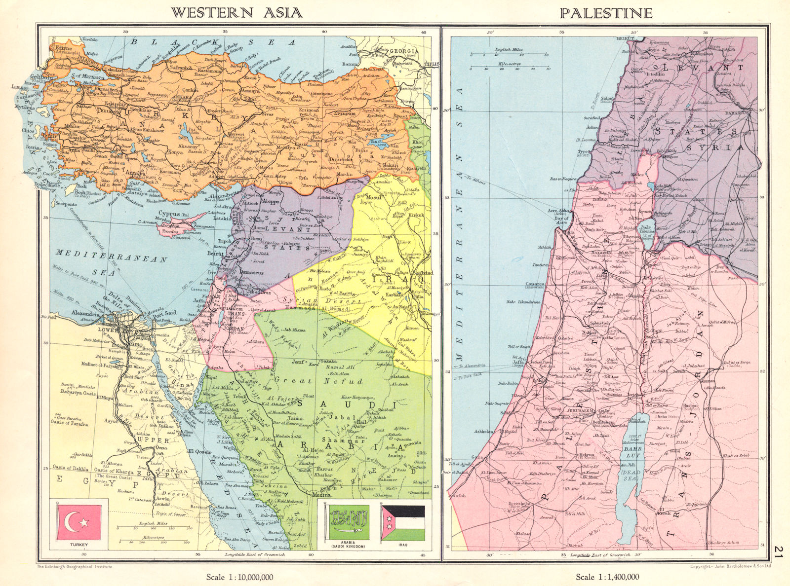 Associate Product MIDDLE EAST. Turkey Transjordan Palestine Israel Syria Levant States 1938 map