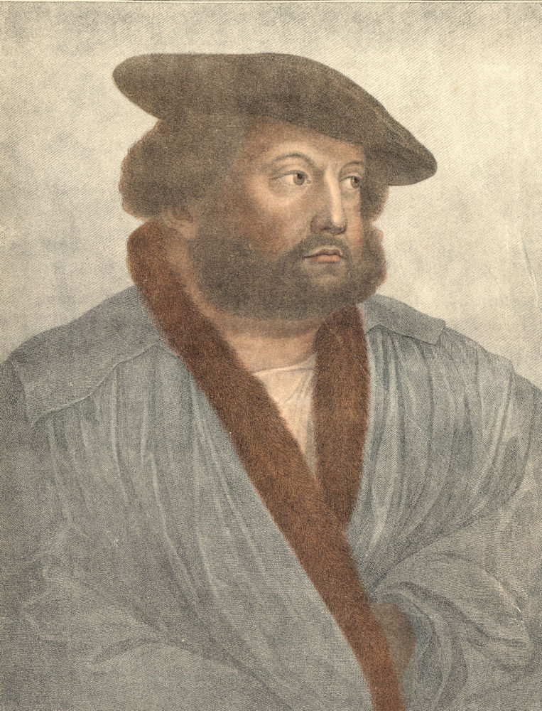 Portrait of Holbein by Bartolozzi after Holbein. Henry VIII's court 1884 print