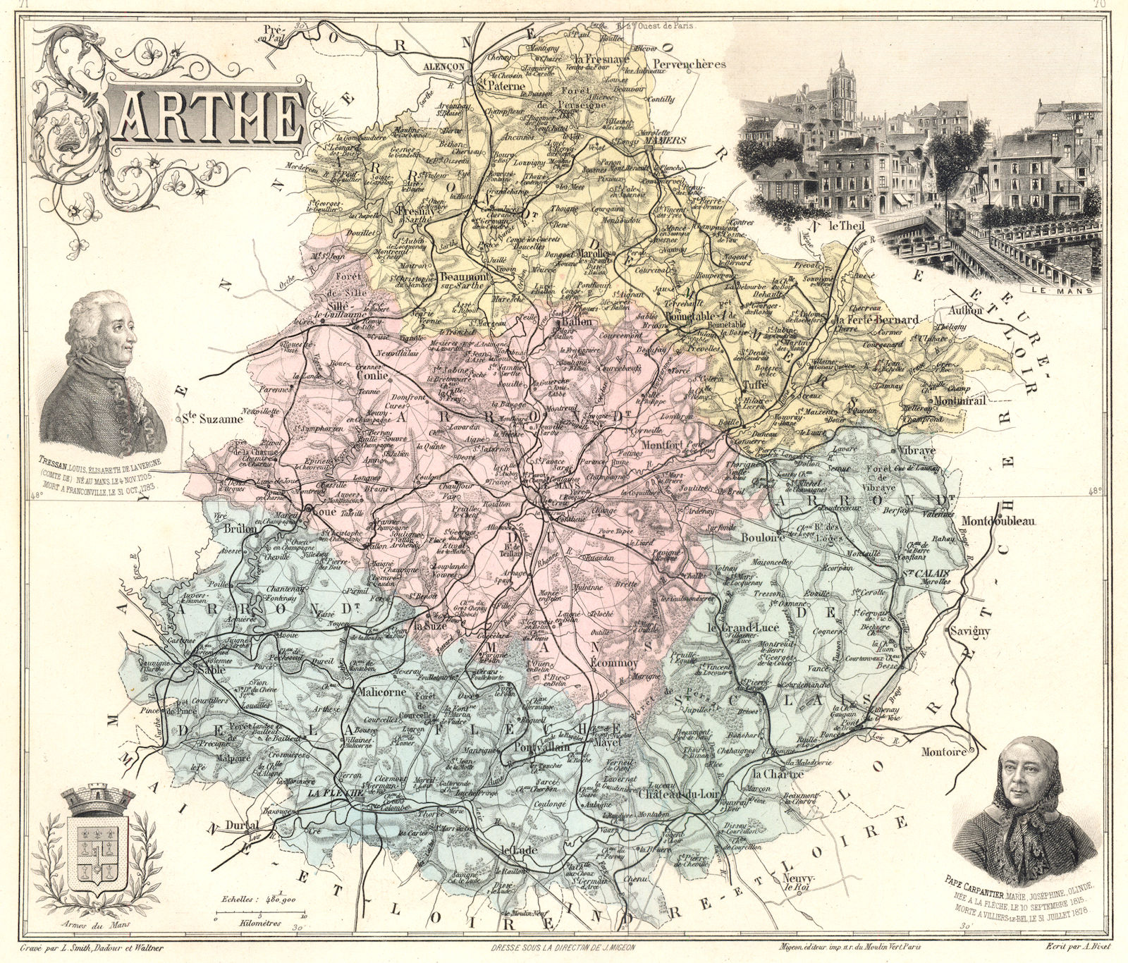 Associate Product SARTHE. Sarthe département.  Le Mans vignette. Vuillemin 1903 old antique map