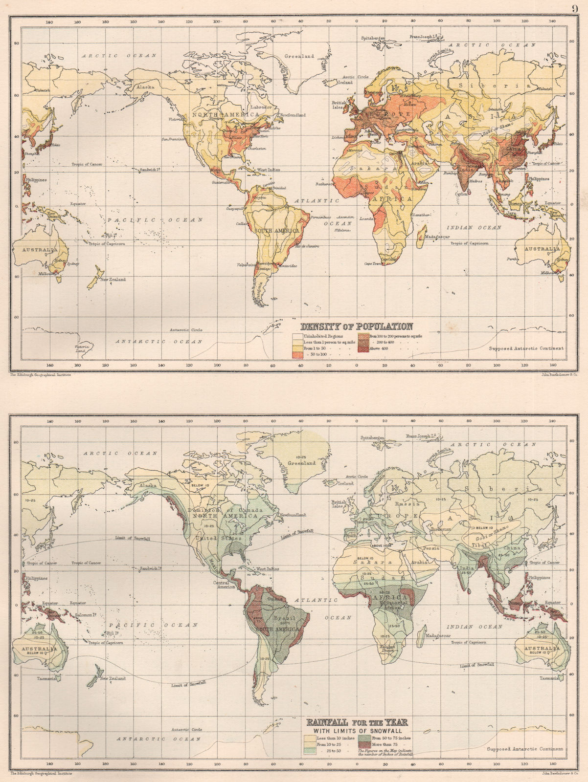 WORLD. Population Density. Rainfall. Snowfall limits. BARTHOLOMEW 1891 old map