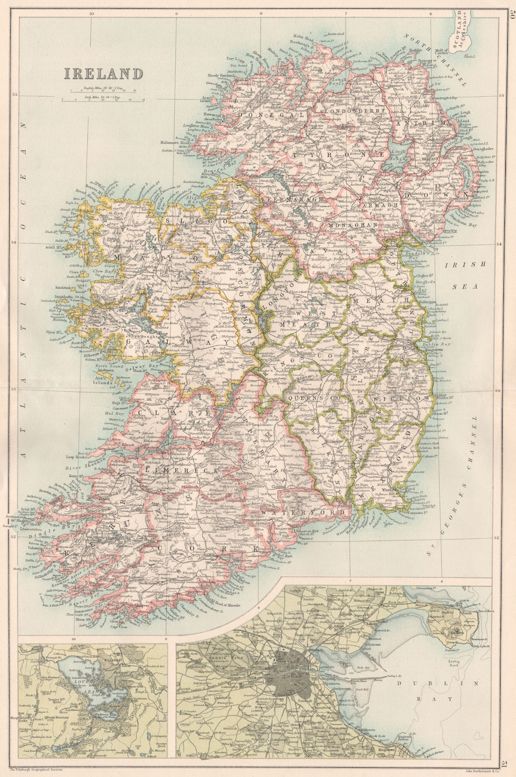 IRELAND. Showing provinces & counties. Inset Dublin & Killarney 1891 ...