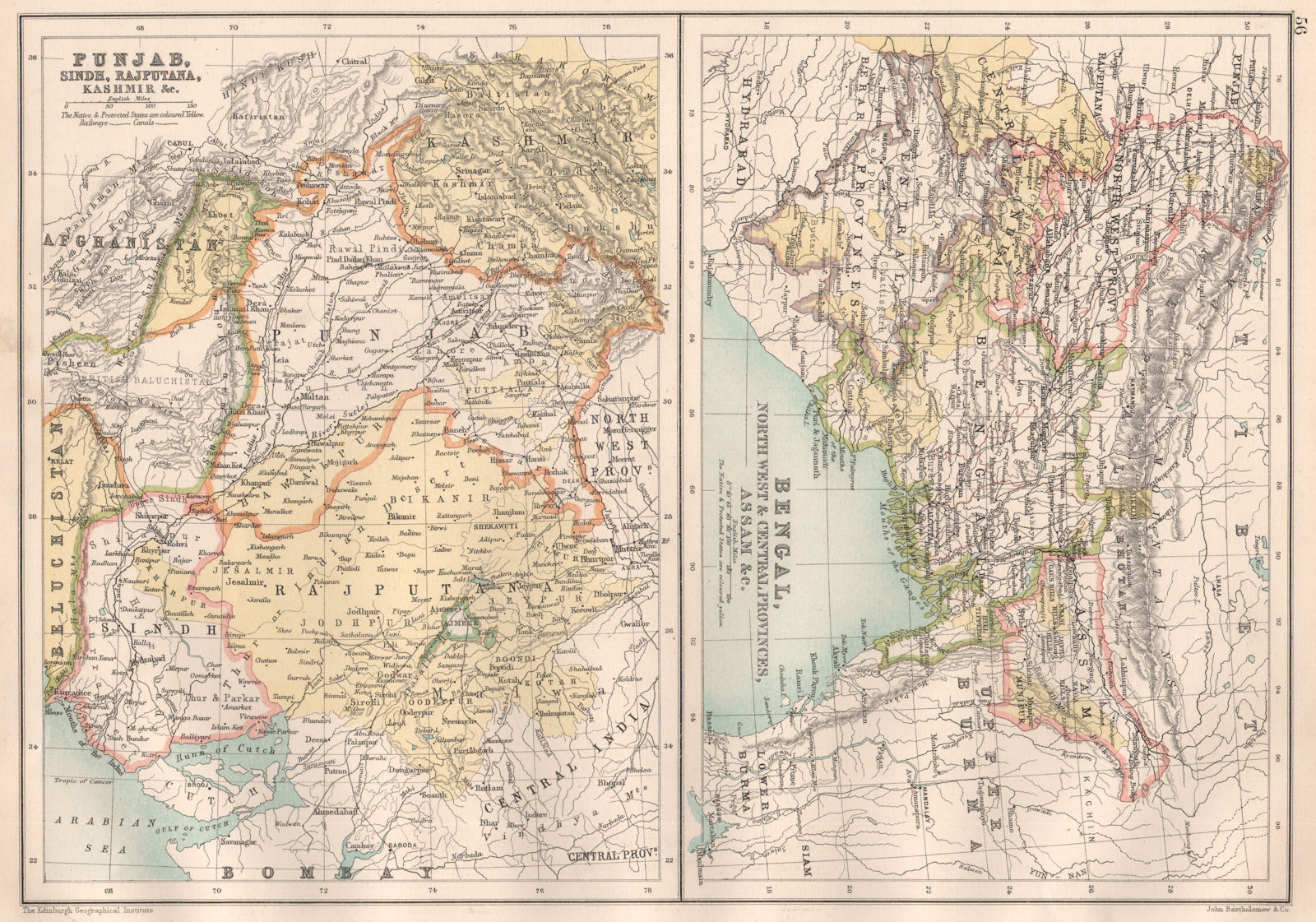 INDIA NW & NE. Bengal Assam Punjab Sindh Rajputana Kashmir 1891 old map