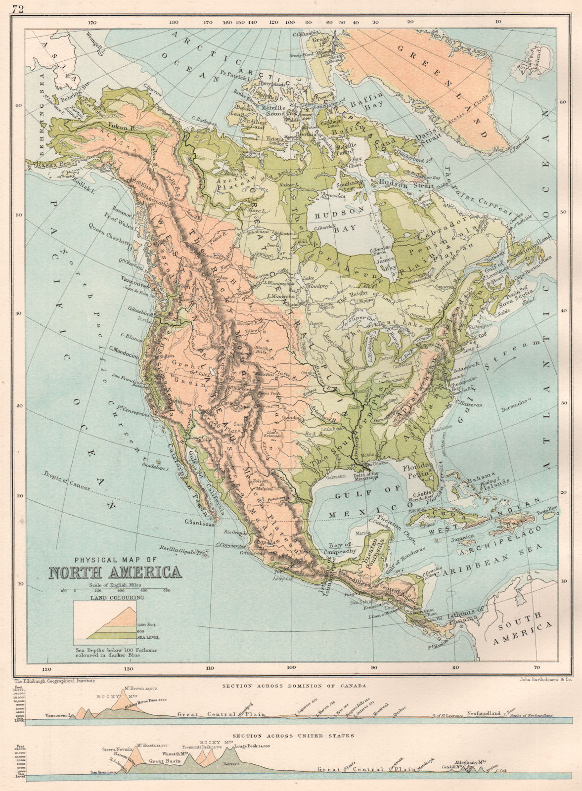 Associate Product NORTH AMERICA PHYSICAL. Sections across the United States & Canada 1891 map