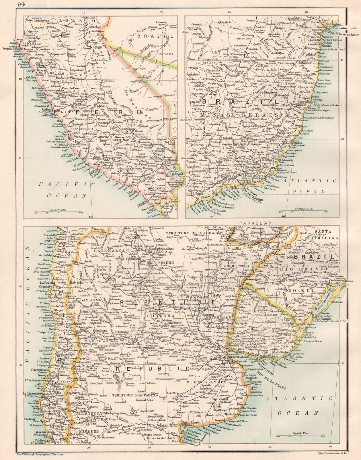 SOUTH AMERICA CENTRE. Argentine Peru Brazil Uruguay. BARTHOLOMEW 1891 old map