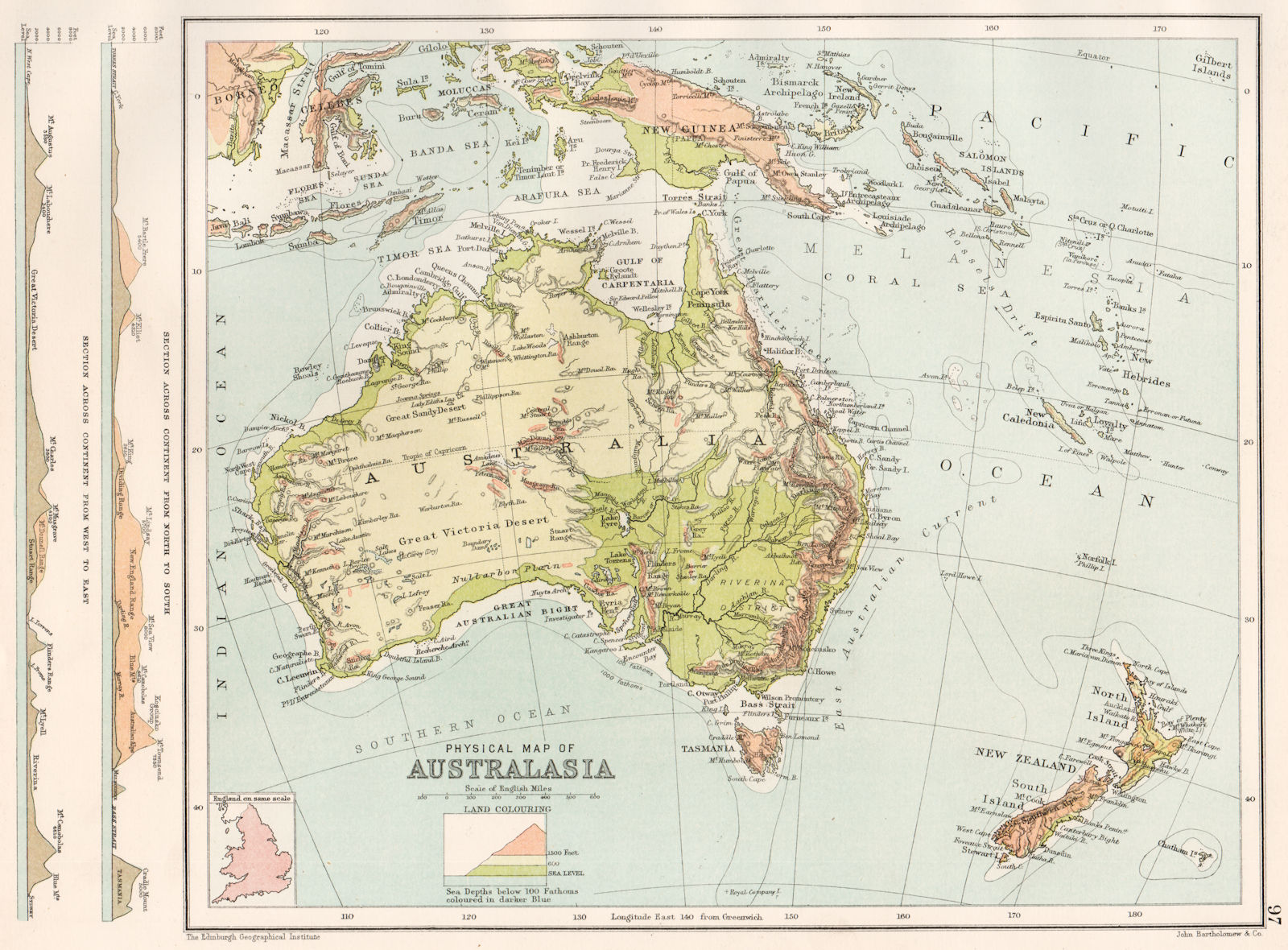 AUSTRALASIA PHYSICAL. N-S and W-E sections across Australia 1891 old map