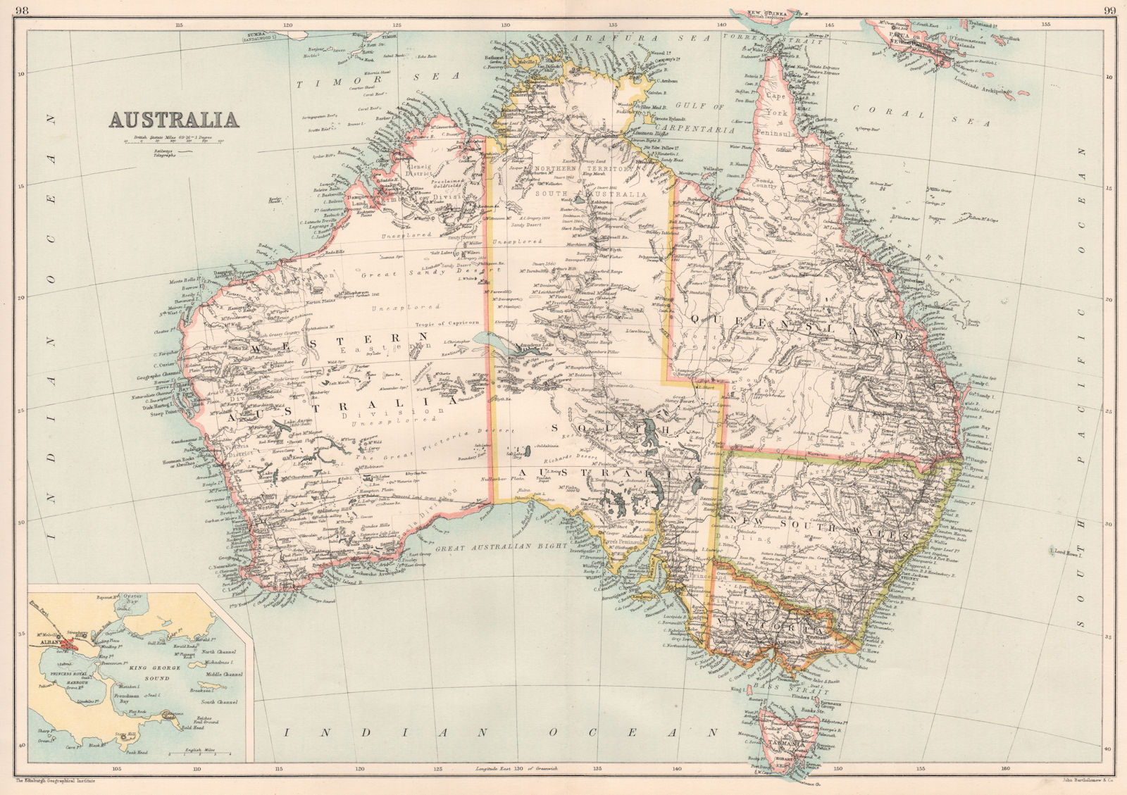 AUSTRALIA. Showing states & unexplored areas. Inset Albany 1891 old map
