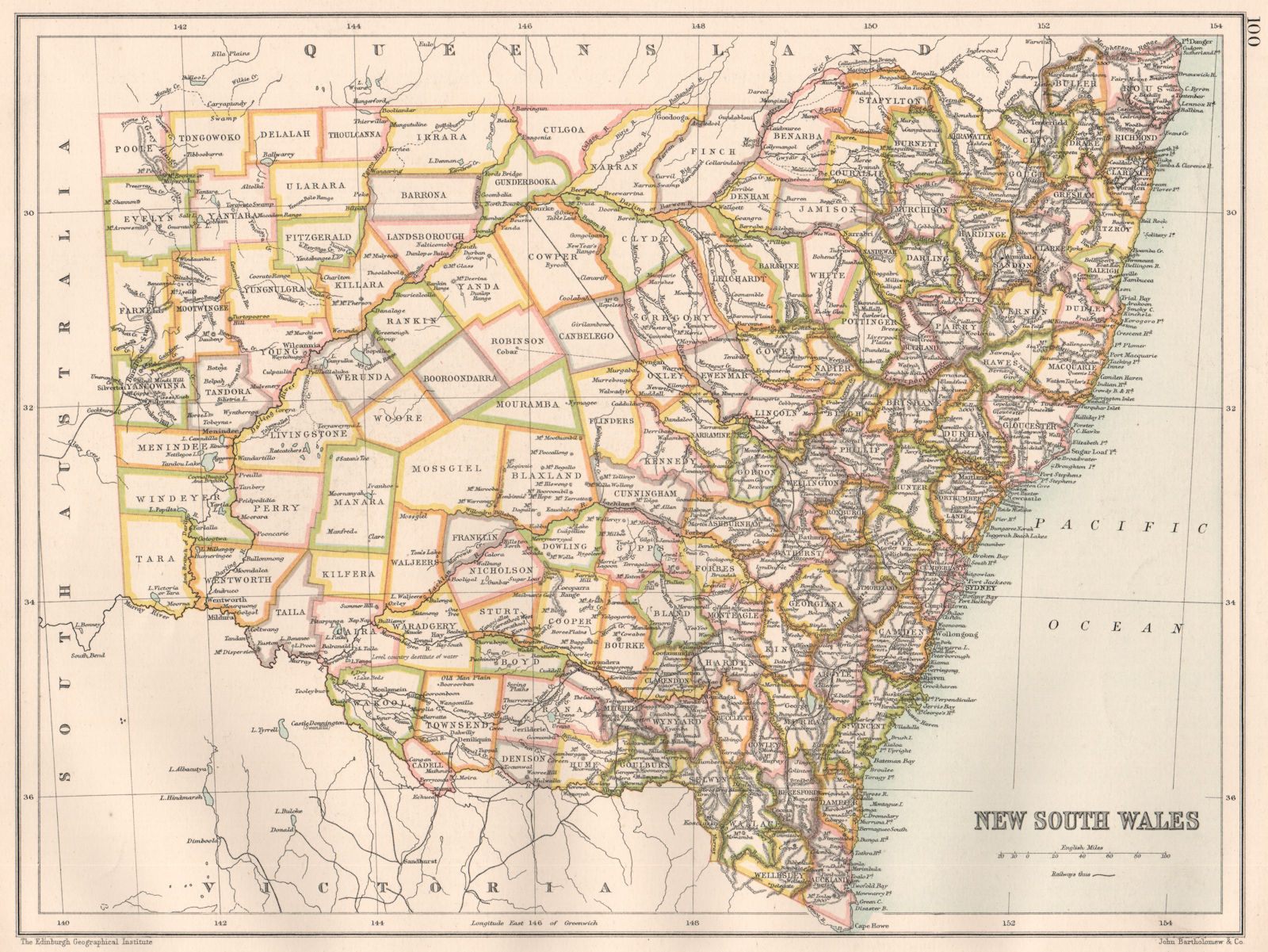 NEW SOUTH WALES. State map showing counties. Australia. BARTHOLOMEW 1891