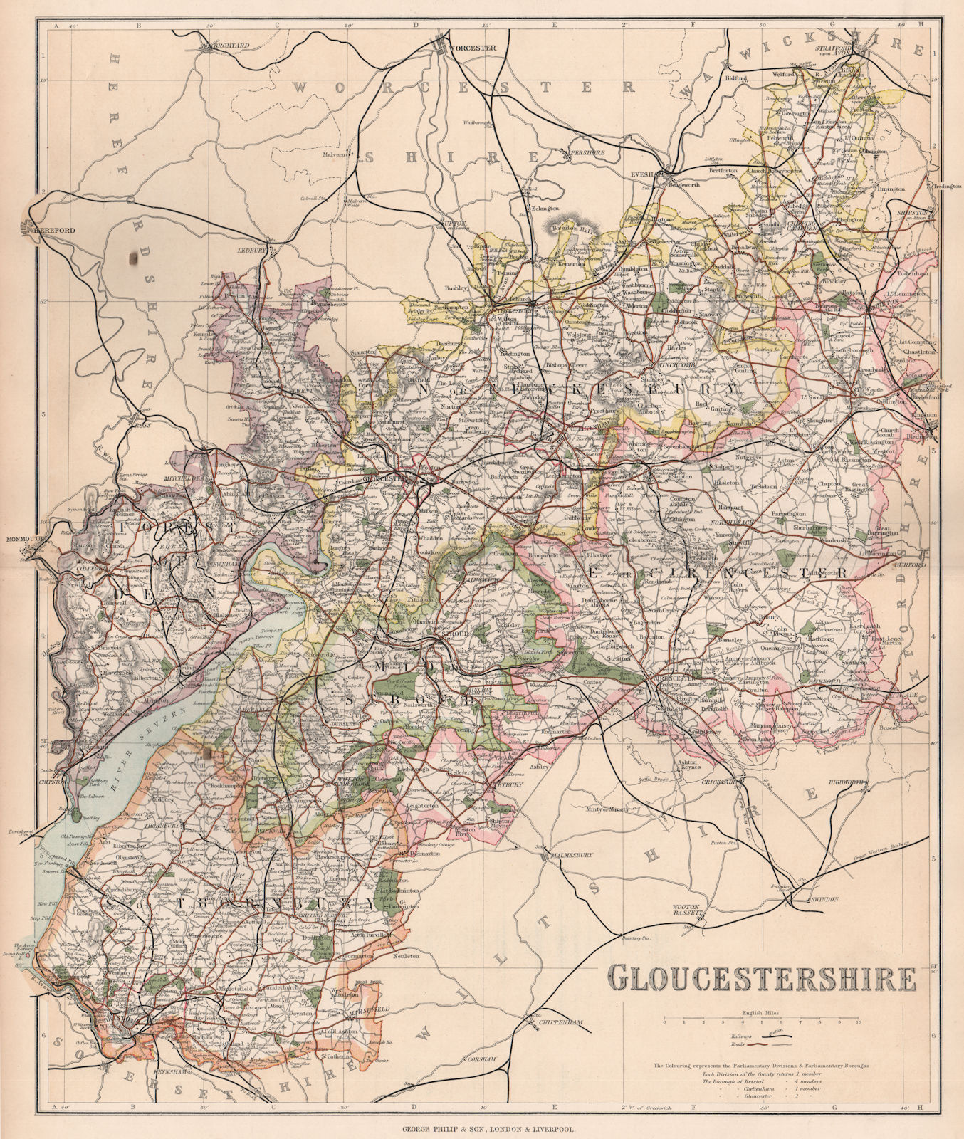 GLOUCESTERSHIRE. County map. Divisions & parliamentary boroughs. PHILIP 1902
