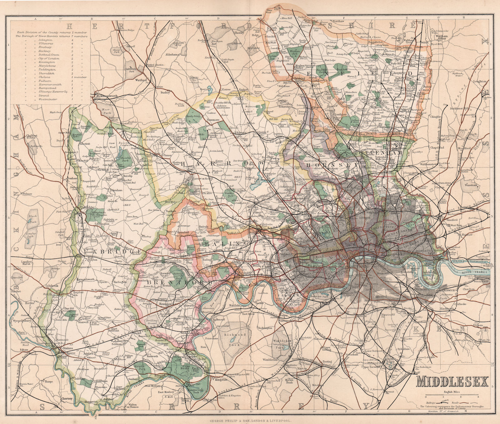 Associate Product LONDON & MIDDLESEX. Divisions, Parliamentary boroughs & Railways.PHILIP 1902 map