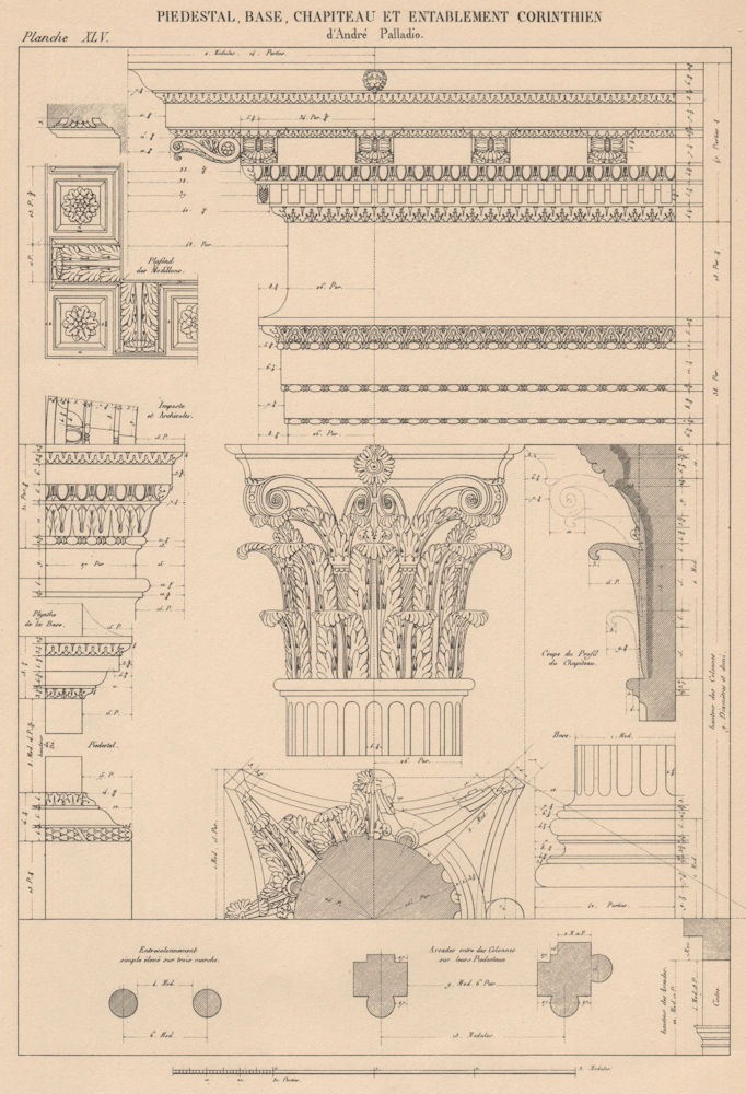 CORINTHIAN ARCHITECTURE.Pedestal Base Capital and Entablature.(Polladio) 1931