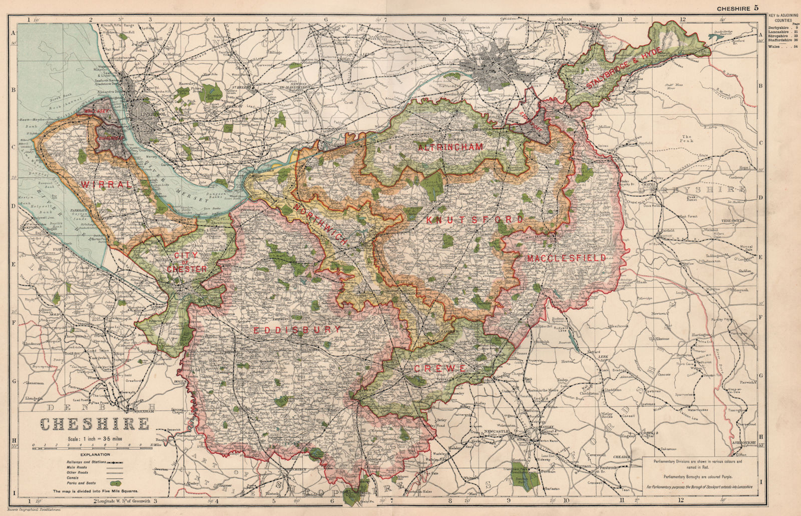 CHESHIRE. Showing Parliamentary divisions, boroughs & parks. BACON 1936 map